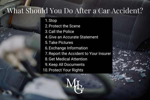 image of interior of a car with text explaining what to do after an accident